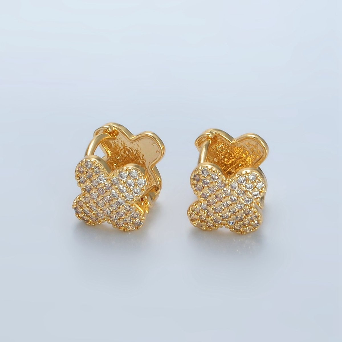 24K Gold Filled Micro Paved CZ Quatrefoil Flower Huggie Earrings | AD760 - DLUXCA