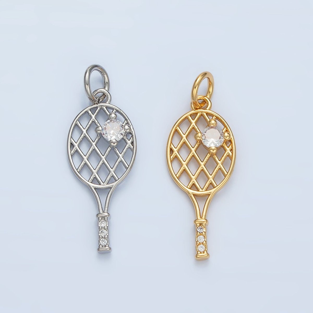 24K Gold Filled Micro Paved CZ Racket Badminton Tennis Sport Open Charm in Gold & Silver | D792 - DLUXCA
