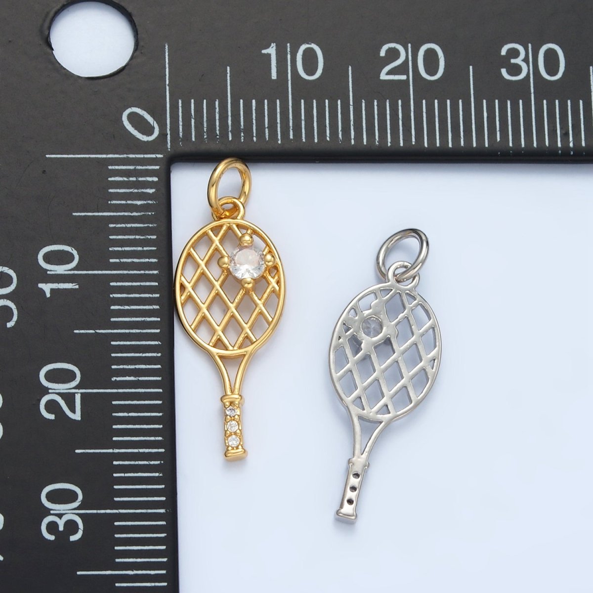 24K Gold Filled Micro Paved CZ Racket Badminton Tennis Sport Open Charm in Gold & Silver | D792 - DLUXCA
