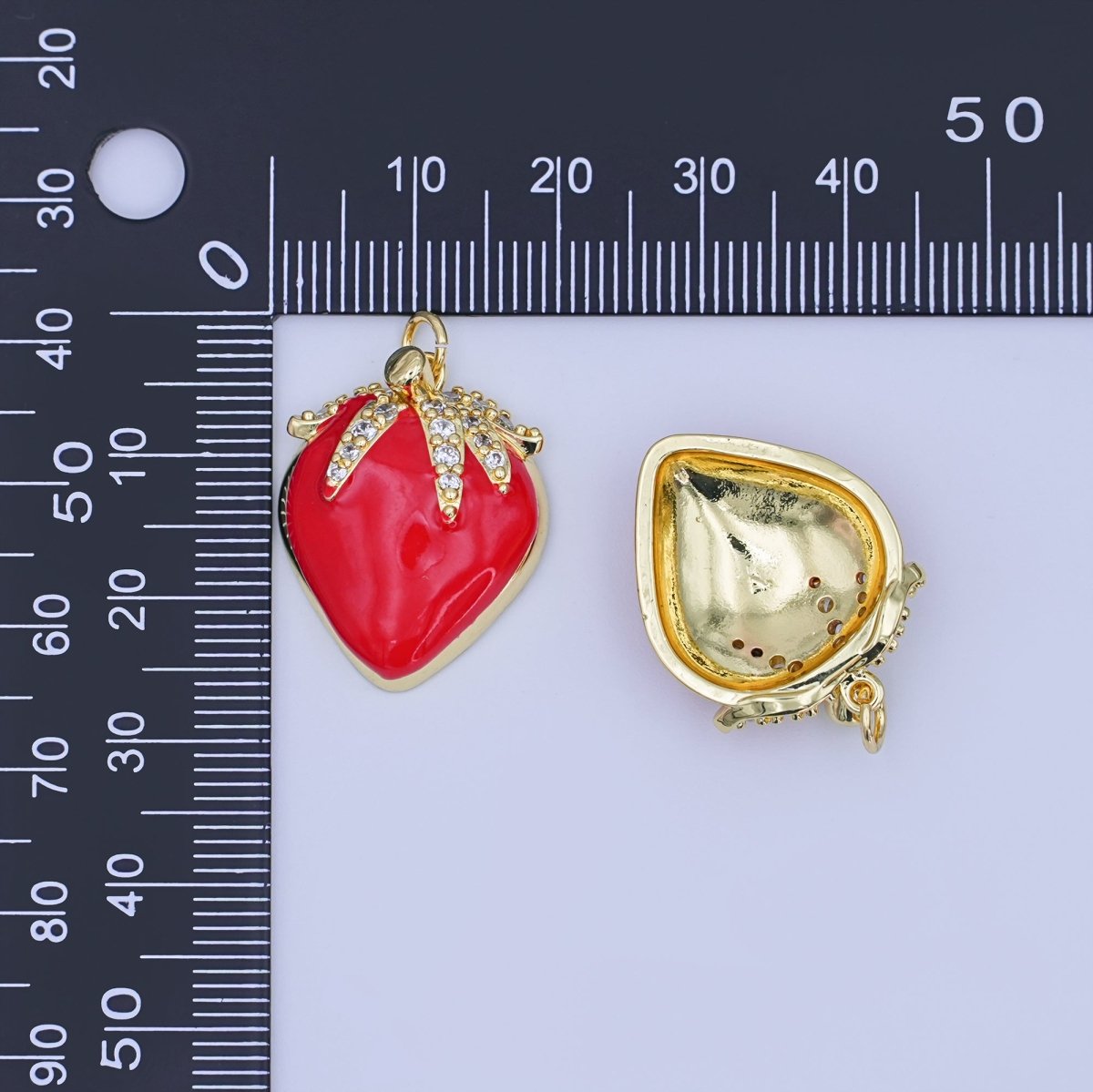 24K Gold Filled Micro Paved CZ Red Enamel Strawberry Charm | W203 - DLUXCA