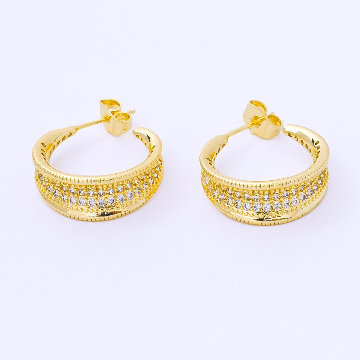24K Gold Filled Micro Paved CZ Ribbed C - Shaped Hoop Earrings | AB1604 - DLUXCA