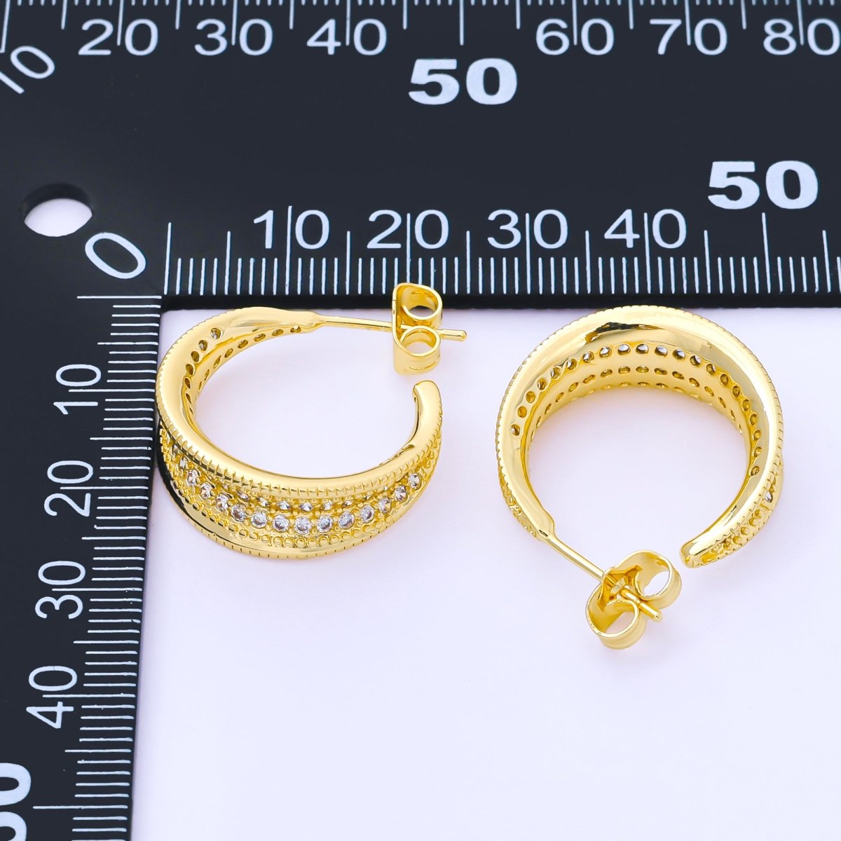 24K Gold Filled Micro Paved CZ Ribbed C - Shaped Hoop Earrings | AB1604 - DLUXCA