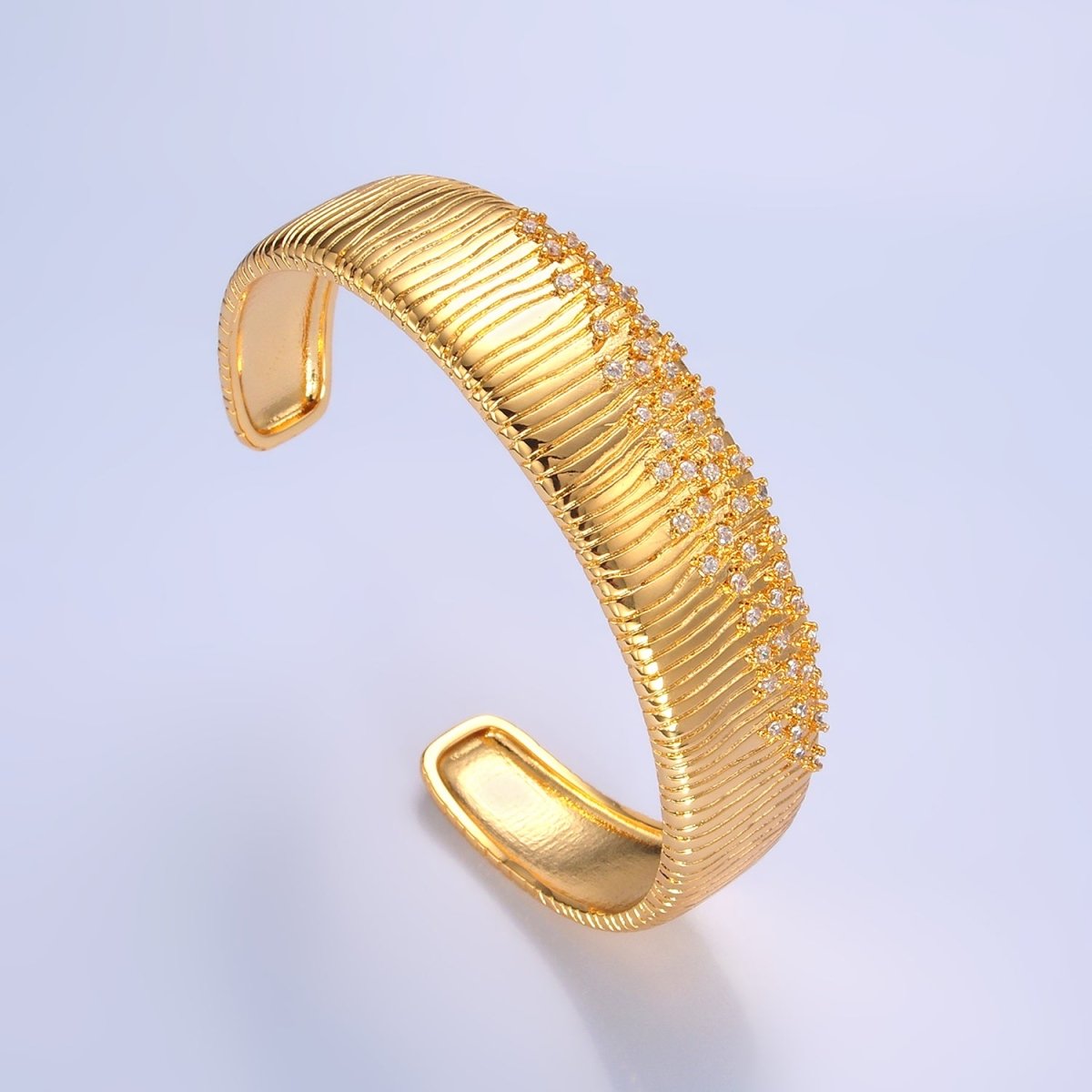 24K Gold Filled Micro Paved CZ Ribbed Cuff Bracelet | WA - 2683 - DLUXCA