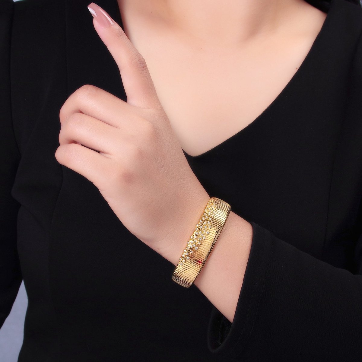 24K Gold Filled Micro Paved CZ Ribbed Cuff Bracelet | WA - 2683 - DLUXCA