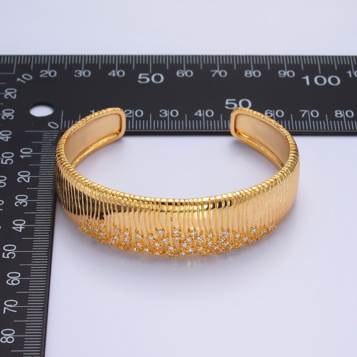 24K Gold Filled Micro Paved CZ Ribbed Cuff Bracelet | WA - 2683 - DLUXCA