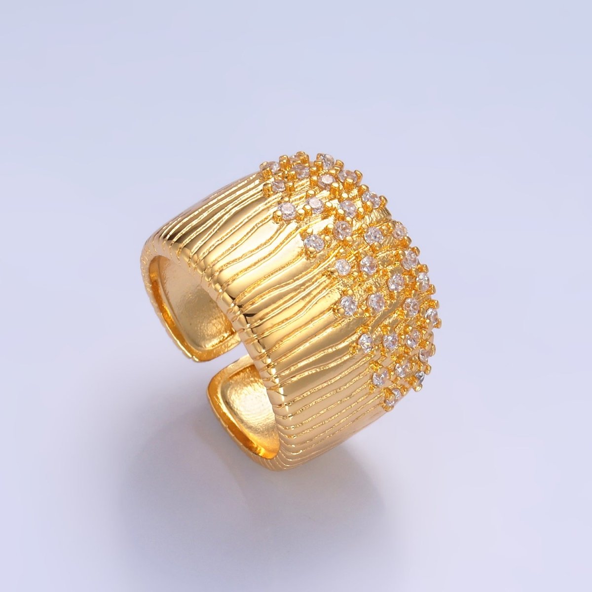 24K Gold Filled Micro Paved CZ Ribbed Cuff Ring | U424 - DLUXCA