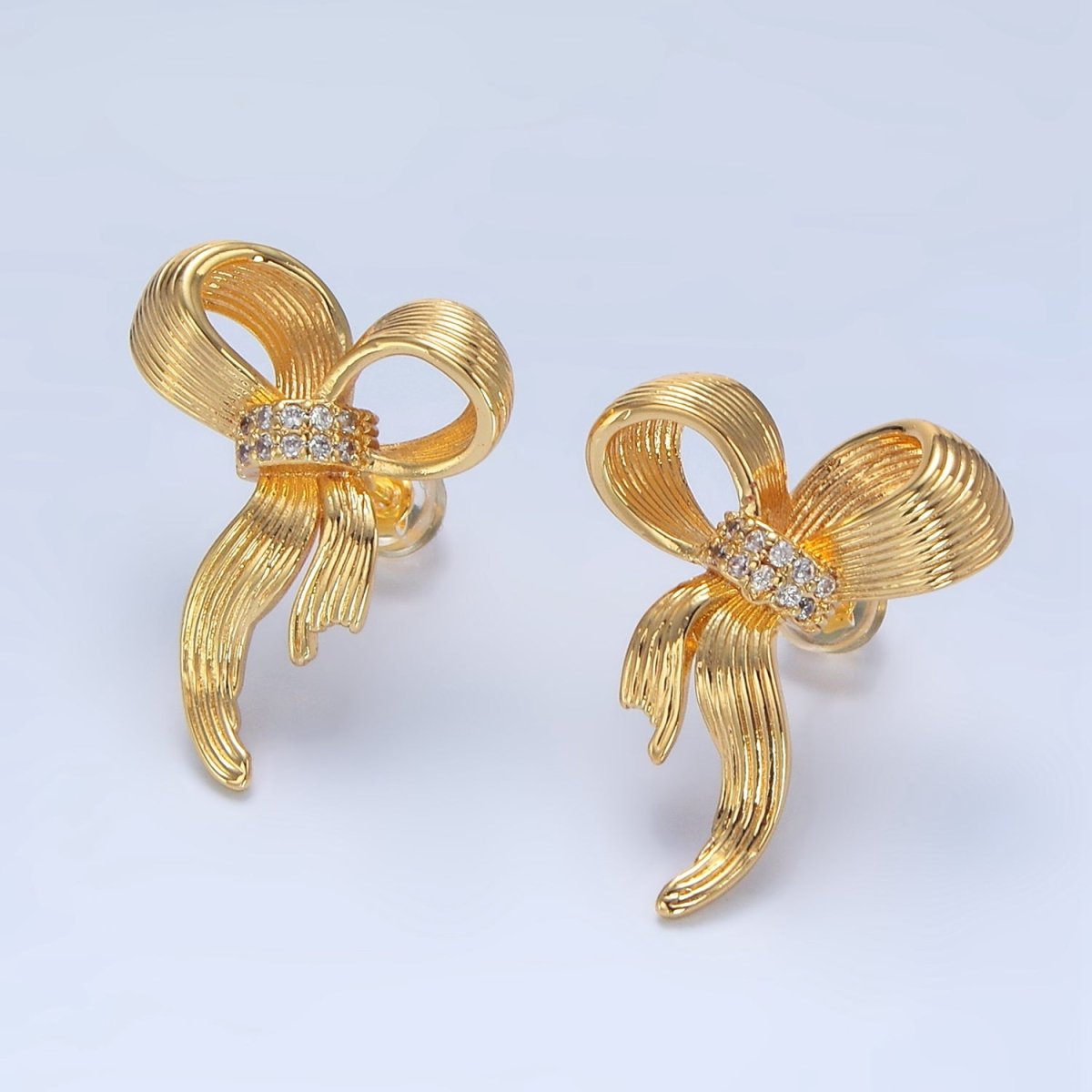 24K Gold Filled Micro Paved CZ Ribbed Ribbon Bow Stud Earrings | AD776 - DLUXCA