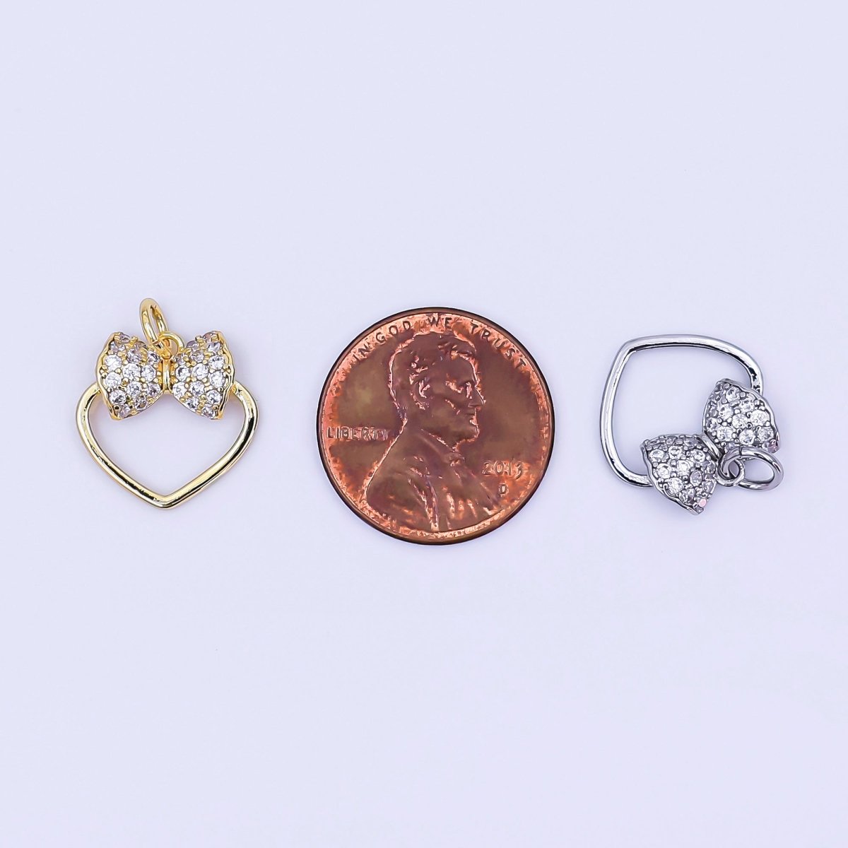 24K Gold Filled Micro Paved CZ Ribbon Bow Open Heart Charm in Gold & Silver | AJ300 - DLUXCA