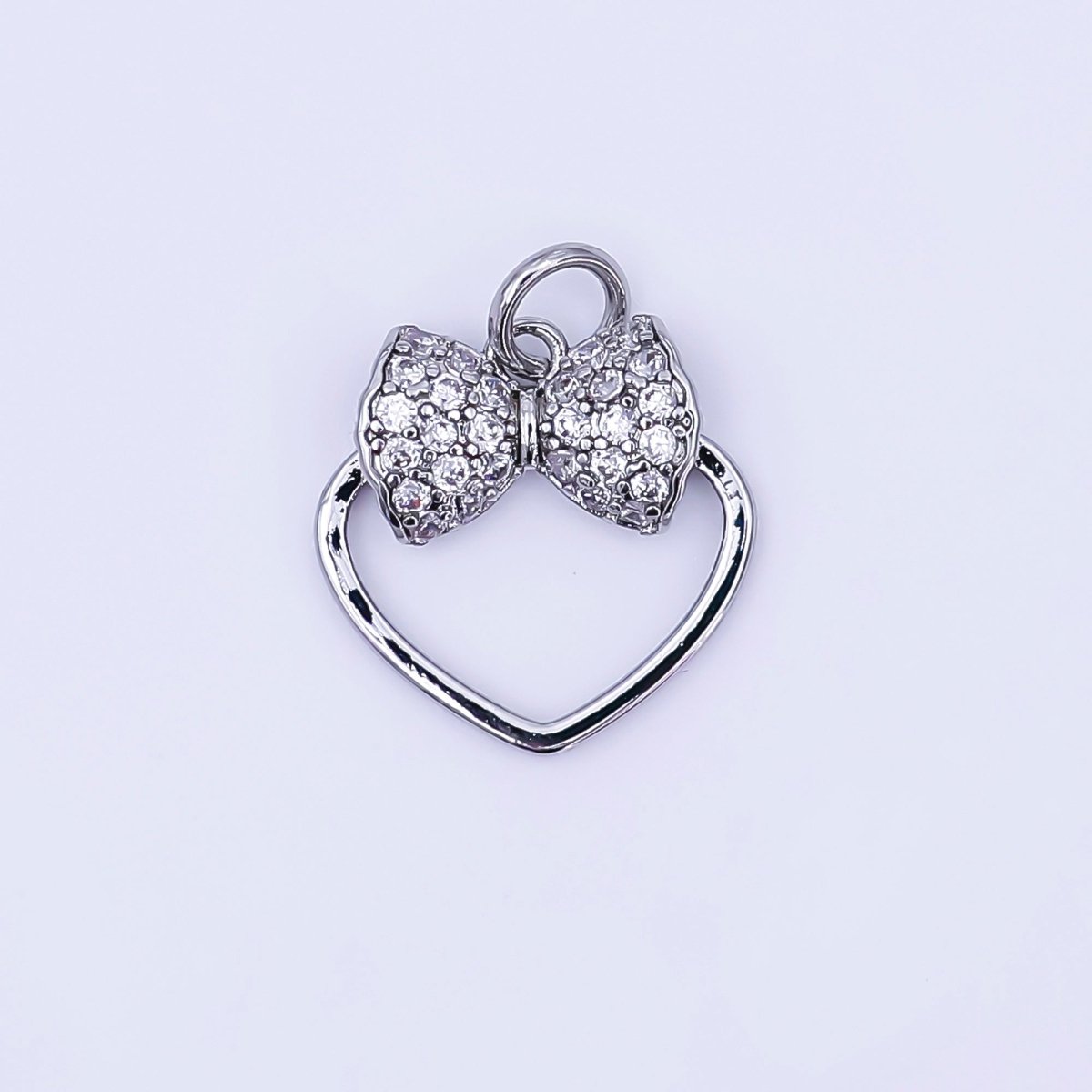 24K Gold Filled Micro Paved CZ Ribbon Bow Open Heart Charm in Gold & Silver | AJ300 - DLUXCA