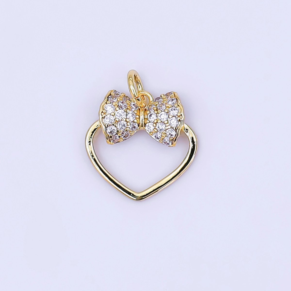 24K Gold Filled Micro Paved CZ Ribbon Bow Open Heart Charm in Gold & Silver | AJ300 - DLUXCA