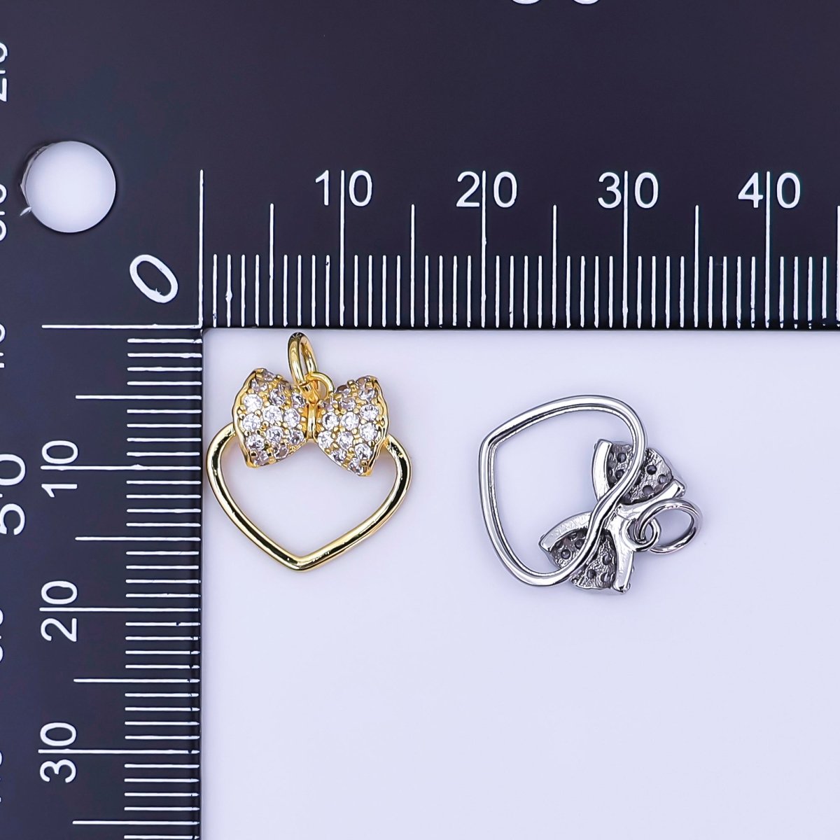 24K Gold Filled Micro Paved CZ Ribbon Bow Open Heart Charm in Gold & Silver | AJ300 - DLUXCA