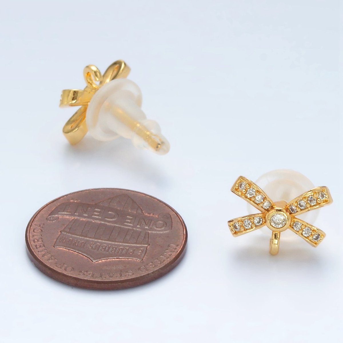 24K Gold Filled Micro Paved CZ Ribbon Bow Open Loop Drop Stud Earrings | Z833 - DLUXCA