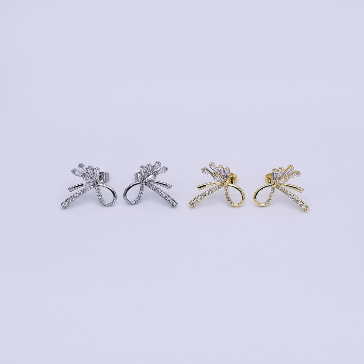 24K Gold Filled Micro Paved CZ Ribbon Bow Stud Earrings in Gold & Silver | AJ022 AJ023 - DLUXCA
