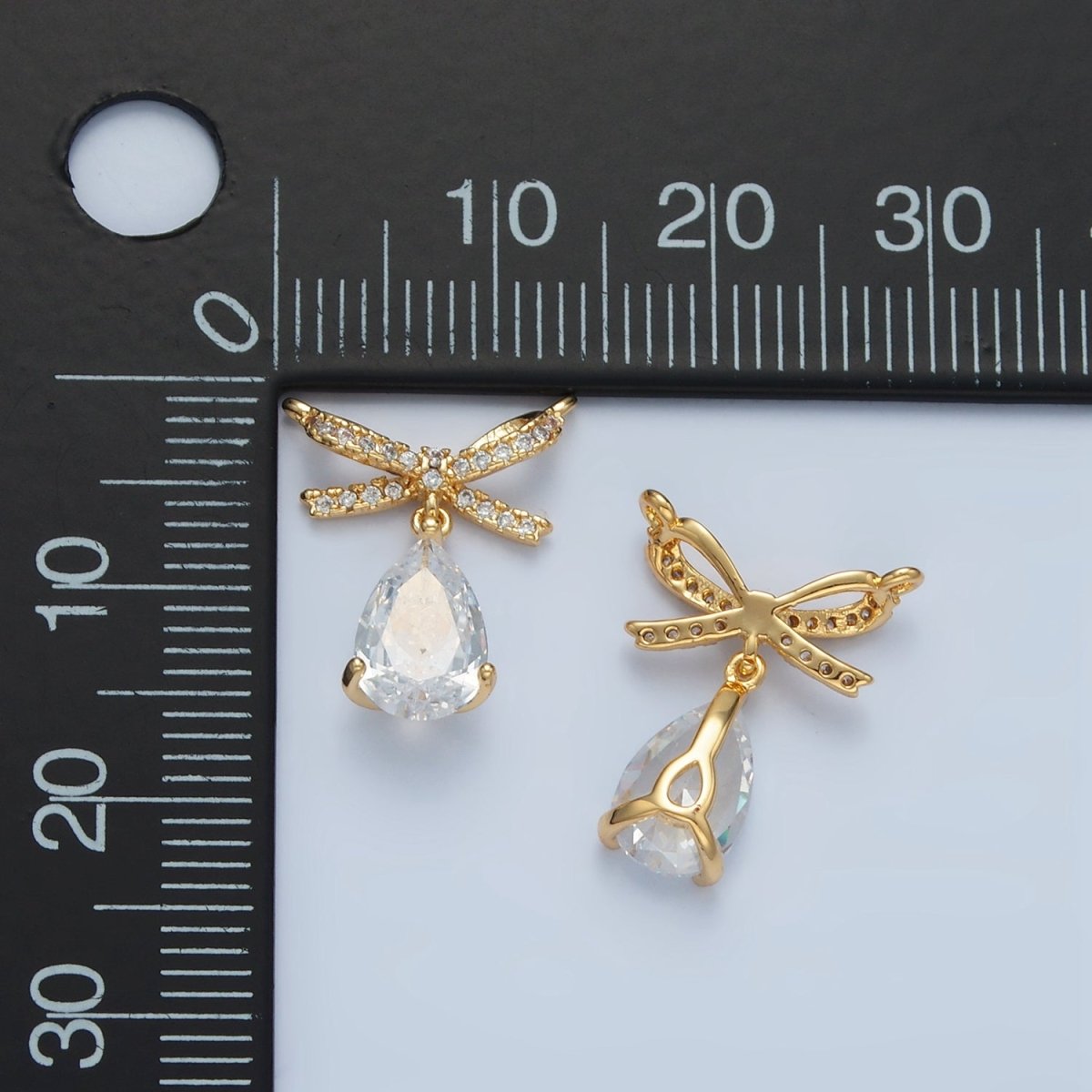 24K Gold Filled Micro Paved CZ Ribbon Bow Teardrop CZ Drop Connector | F239 - DLUXCA