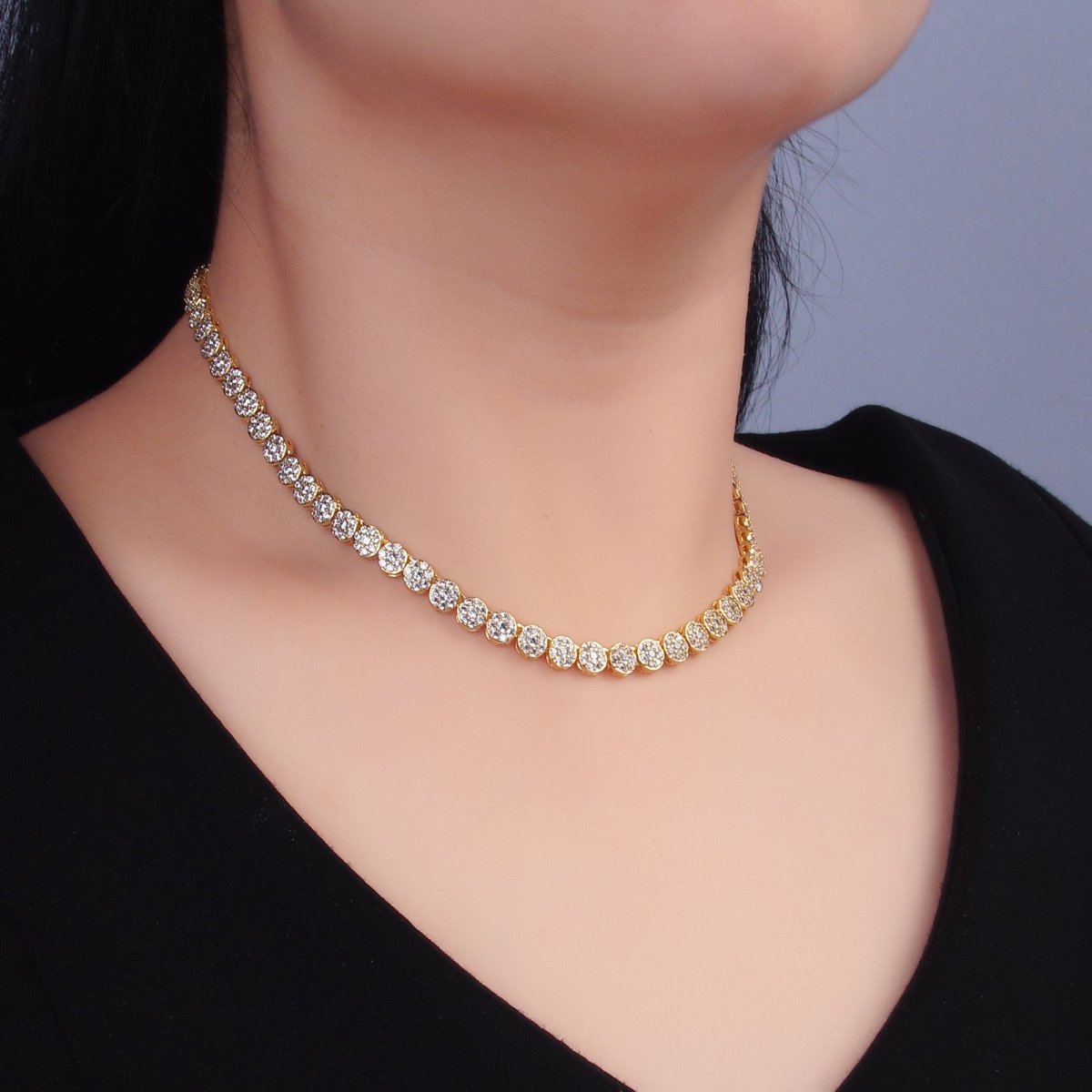24K Gold Filled Micro Paved CZ Round Tennis Chain 16 Inch Necklace in Gold & Silver | WA - 3030 WA - 3031 - DLUXCA