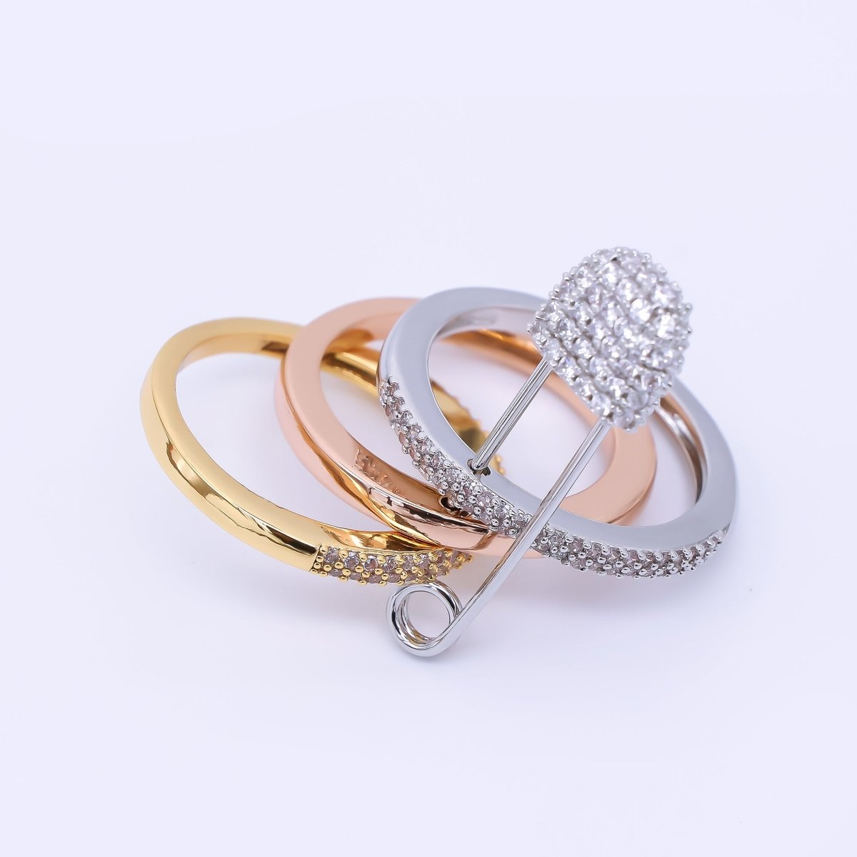 24K Gold Filled Micro Paved CZ Safety Pin Interlocked Mixed Metal Rings | O1062 - O1161 - DLUXCA