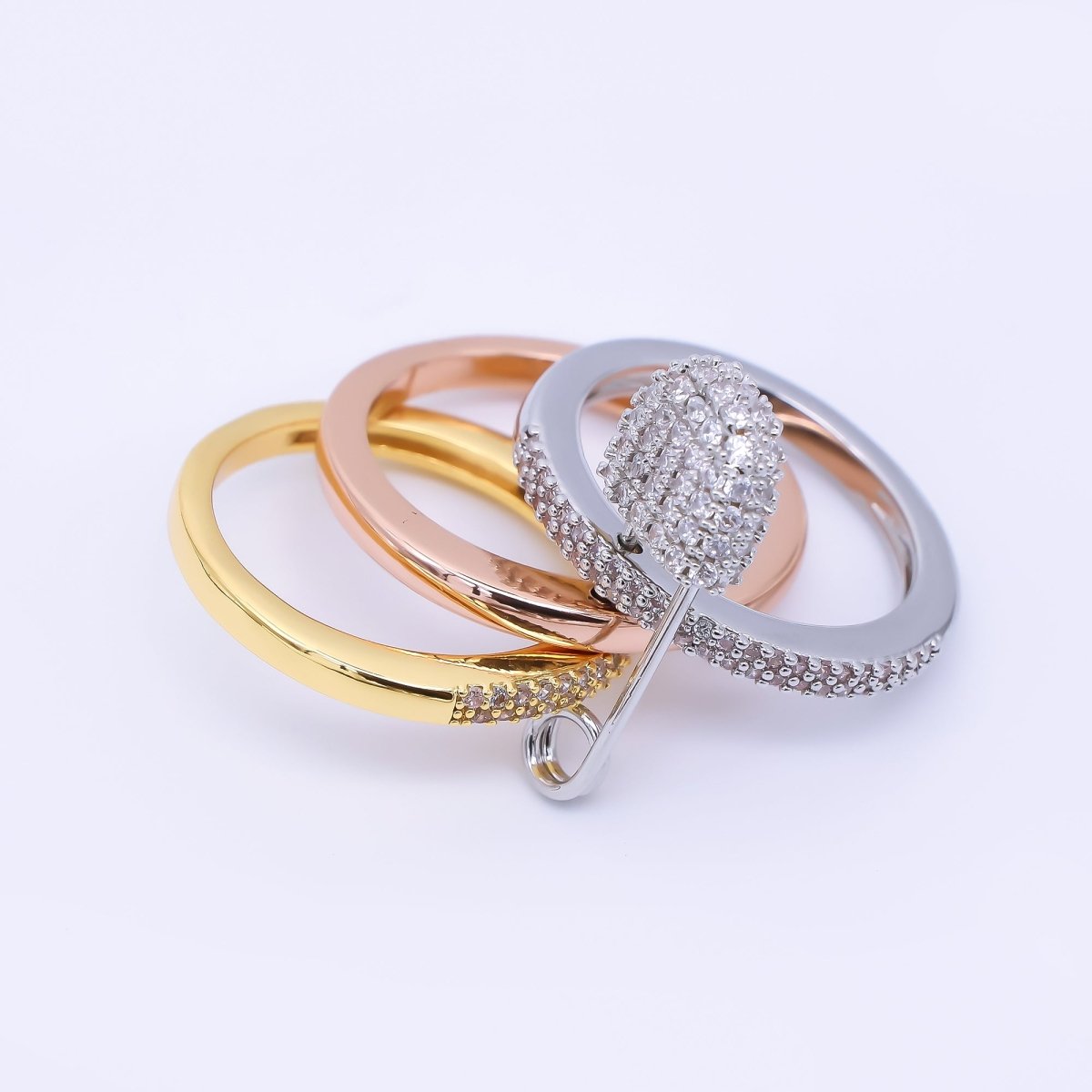 24K Gold Filled Micro Paved CZ Safety Pin Interlocked Mixed Metal Rings | O1062 - O1161 - DLUXCA