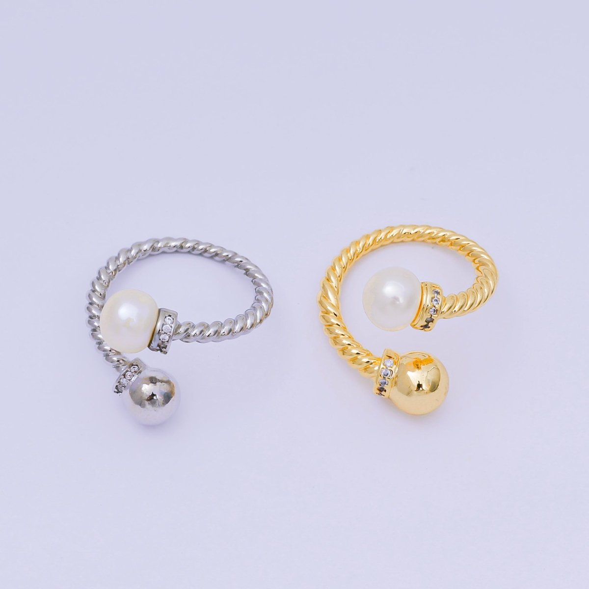 24K Gold Filled Micro Paved CZ Shell Pearl Classic Twisted Rope Promise Adjustable Ring in Gold & Silver | O - 1492 O - 1493 - DLUXCA