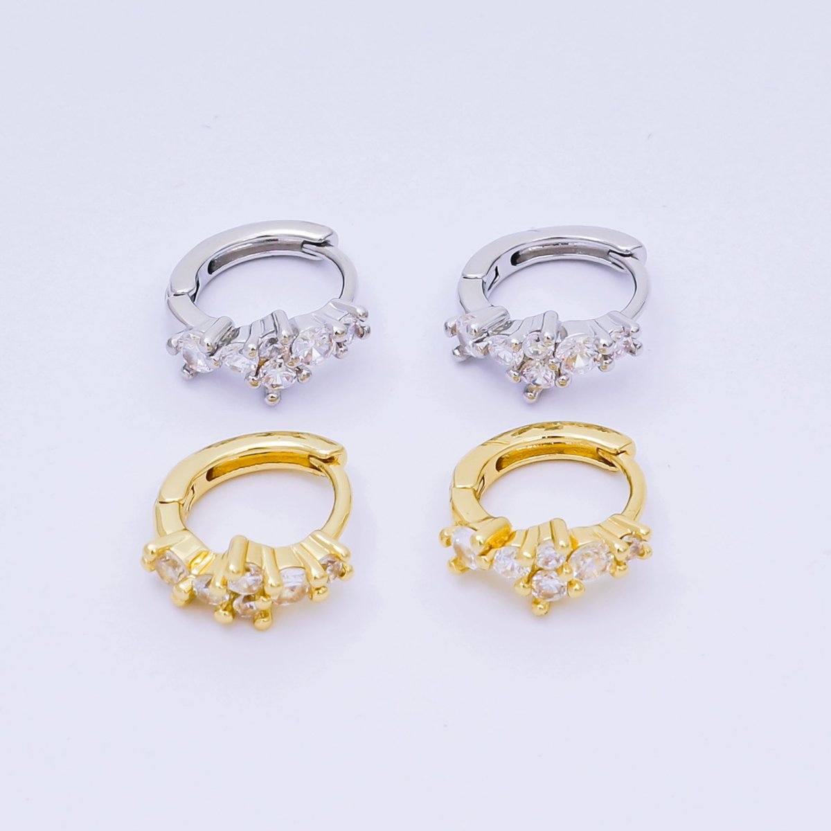 24K Gold Filled Micro Paved CZ Simple Mixed Cut CZ Huggie Hoops Earrings in Gold & Silver | AJ - 125 AJ - 126 - DLUXCA