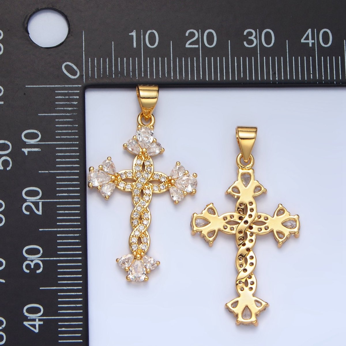 24K Gold Filled Micro Paved CZ Teardrop Open Fleur Cross Pendant | AA966 - DLUXCA