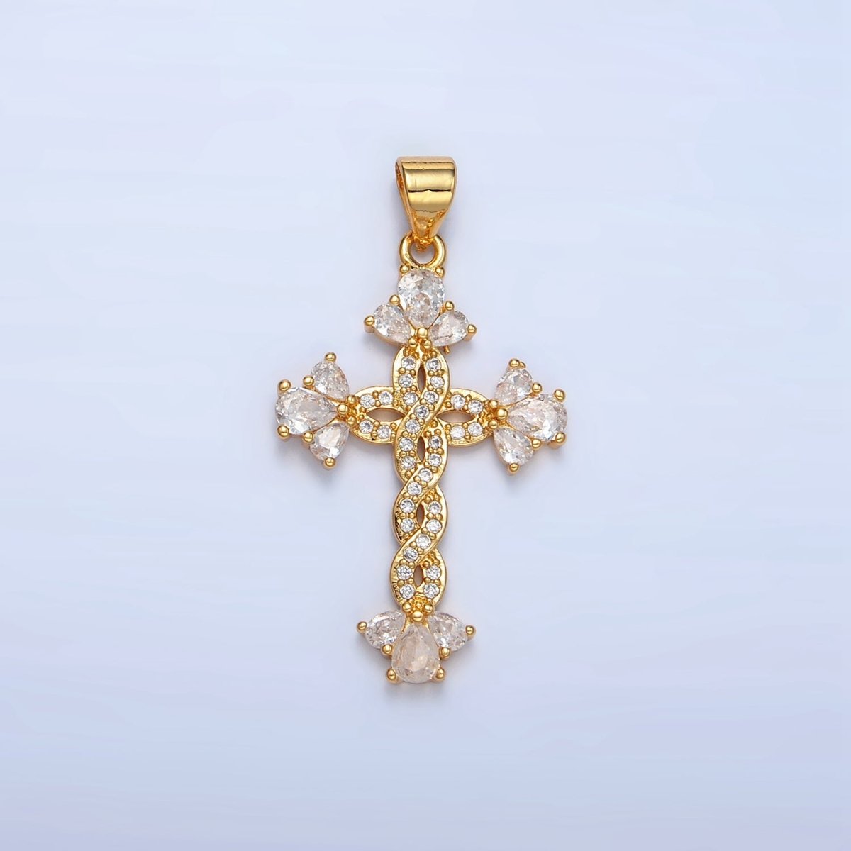 24K Gold Filled Micro Paved CZ Teardrop Open Fleur Cross Pendant | AA966 - DLUXCA