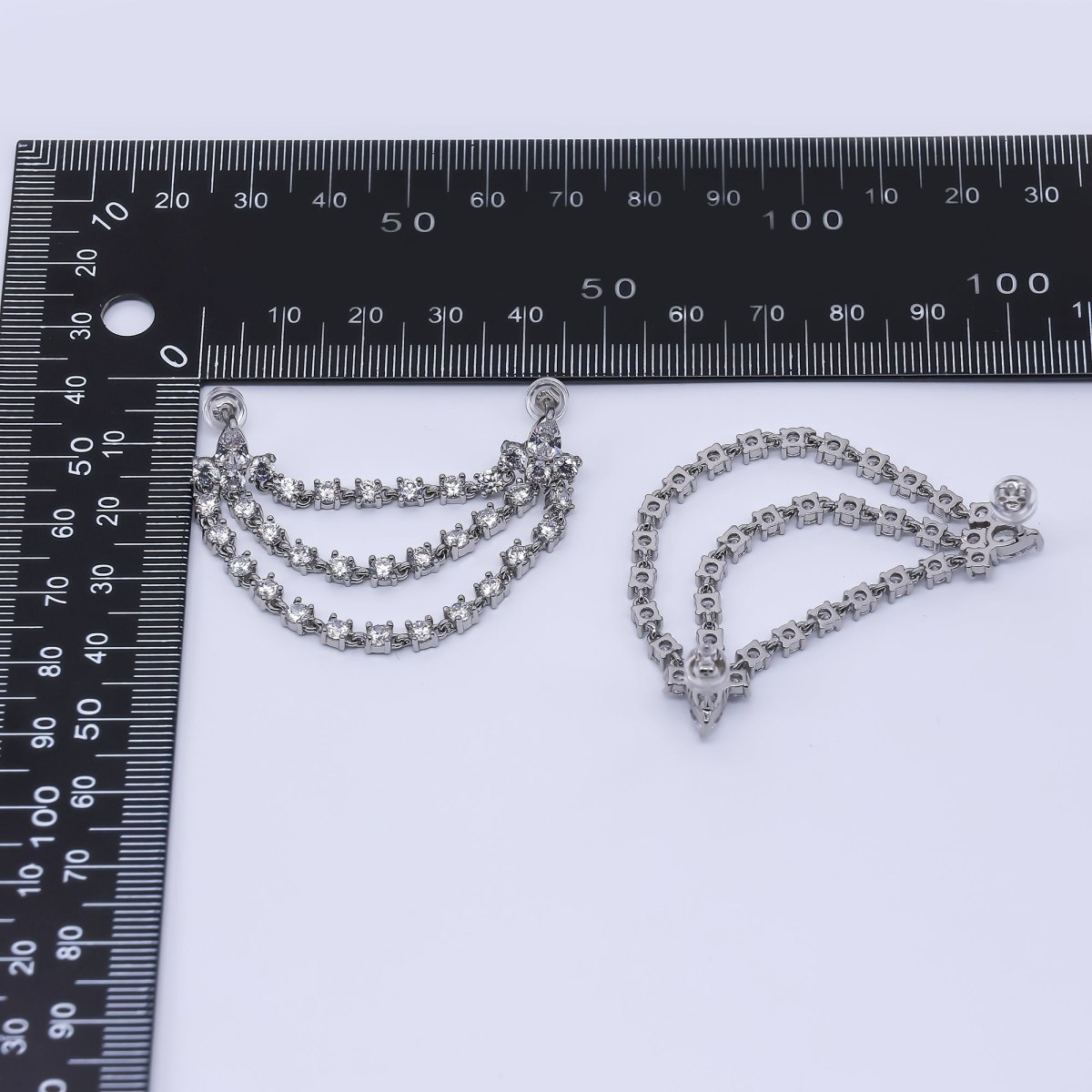 24K Gold Filled Micro Paved CZ Triple Layer Chains Linked Double - Studs Earrings in Gold & Silver | Q440 - DLUXCA