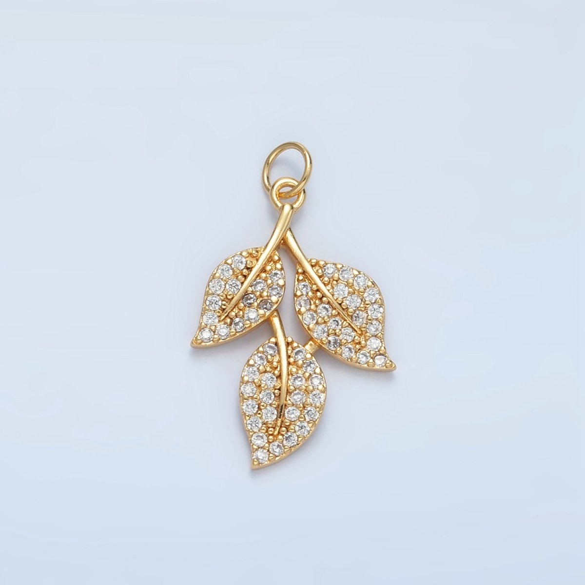 24K Gold Filled Micro Paved CZ Triple Leaf Plant Charm | W277 - DLUXCA