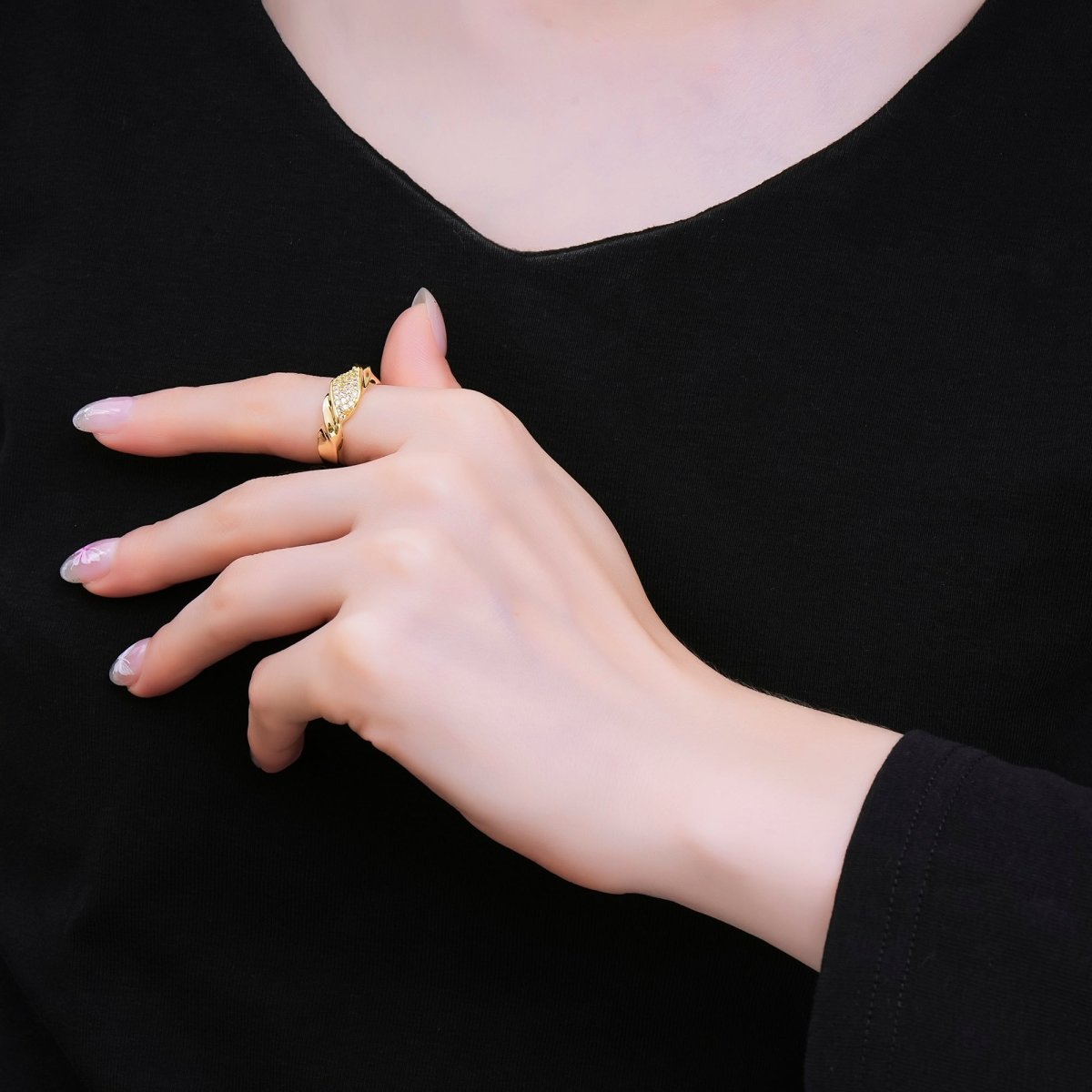 24K Gold Filled Micro Paved CZ Twisted Molten Rope Adjustable Ring | O1191 - DLUXCA