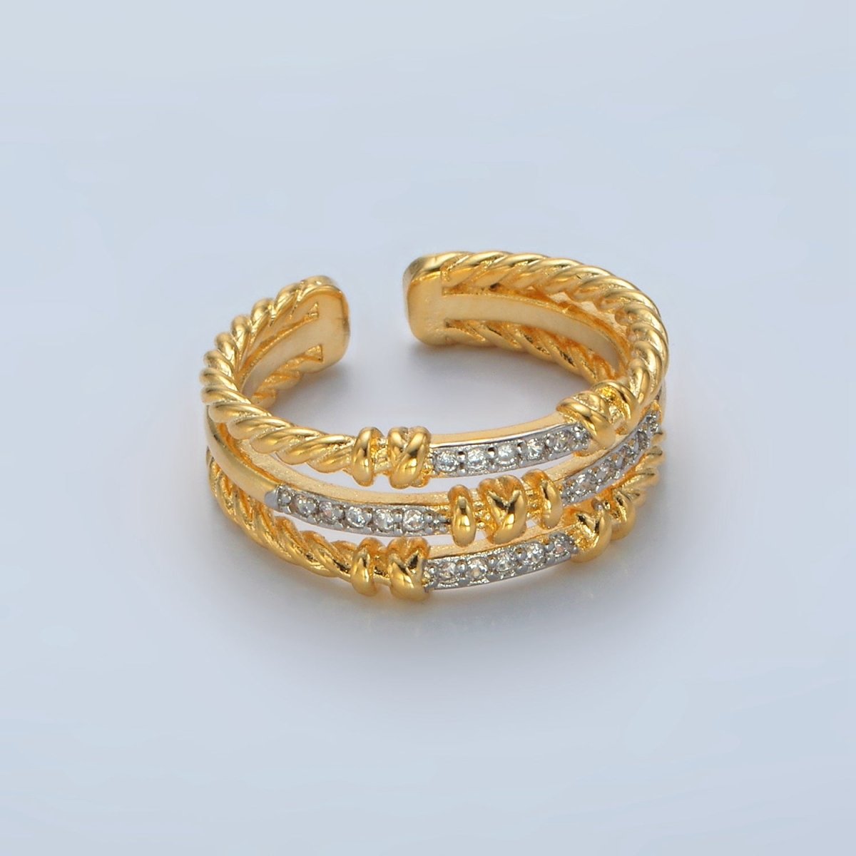 24K Gold Filled Micro Paved CZ Twisted Rope Triple Band Ring | O1400 - DLUXCA