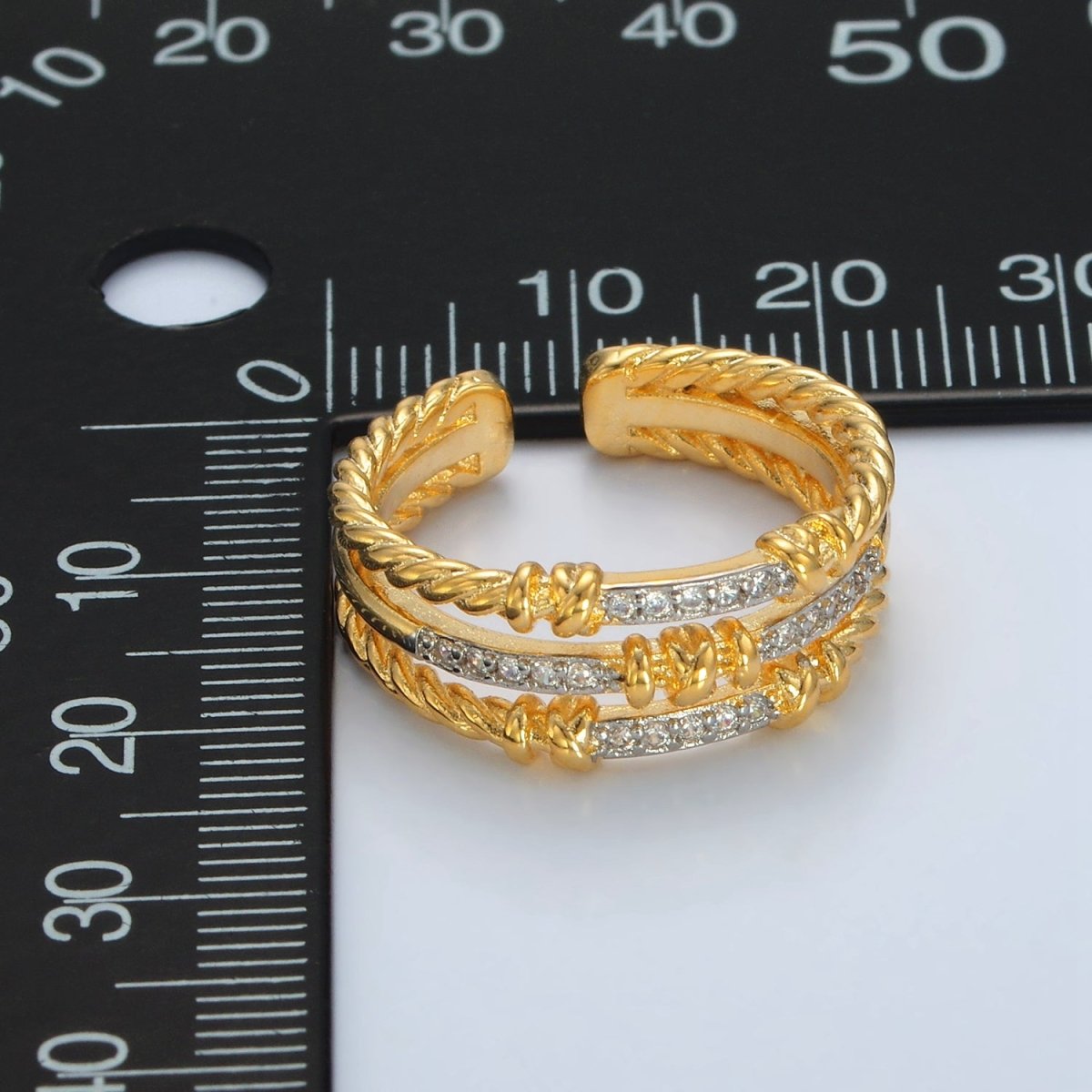 24K Gold Filled Micro Paved CZ Twisted Rope Triple Band Ring | O1400 - DLUXCA