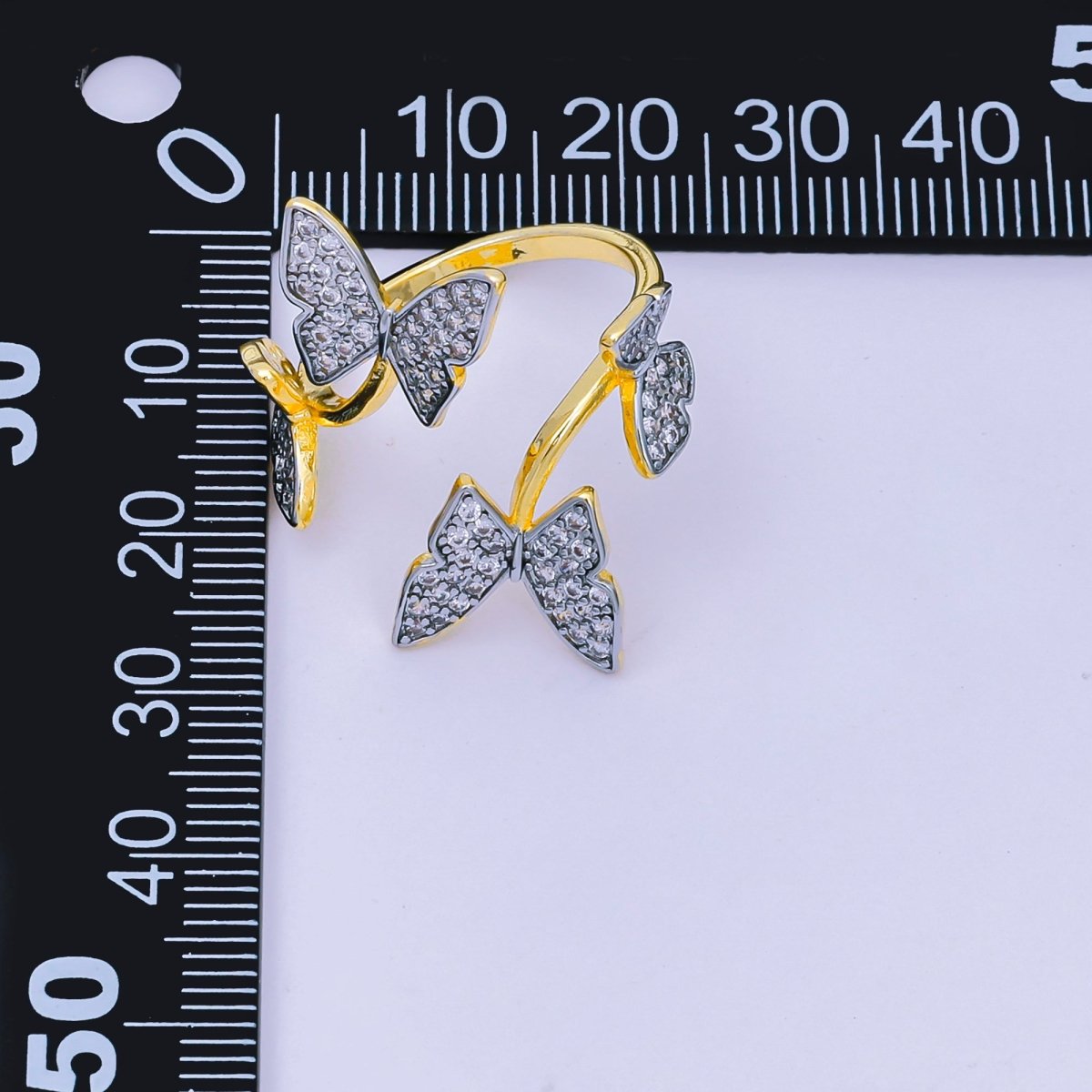 24K Gold Filled Micro Paved CZ Two - Tone Butterfly Garden Adjustable Ring | O - 1488 - DLUXCA