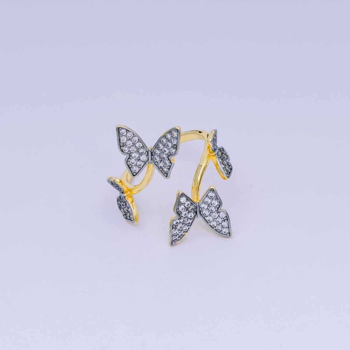 24K Gold Filled Micro Paved CZ Two - Tone Butterfly Garden Adjustable Ring | O - 1488 - DLUXCA