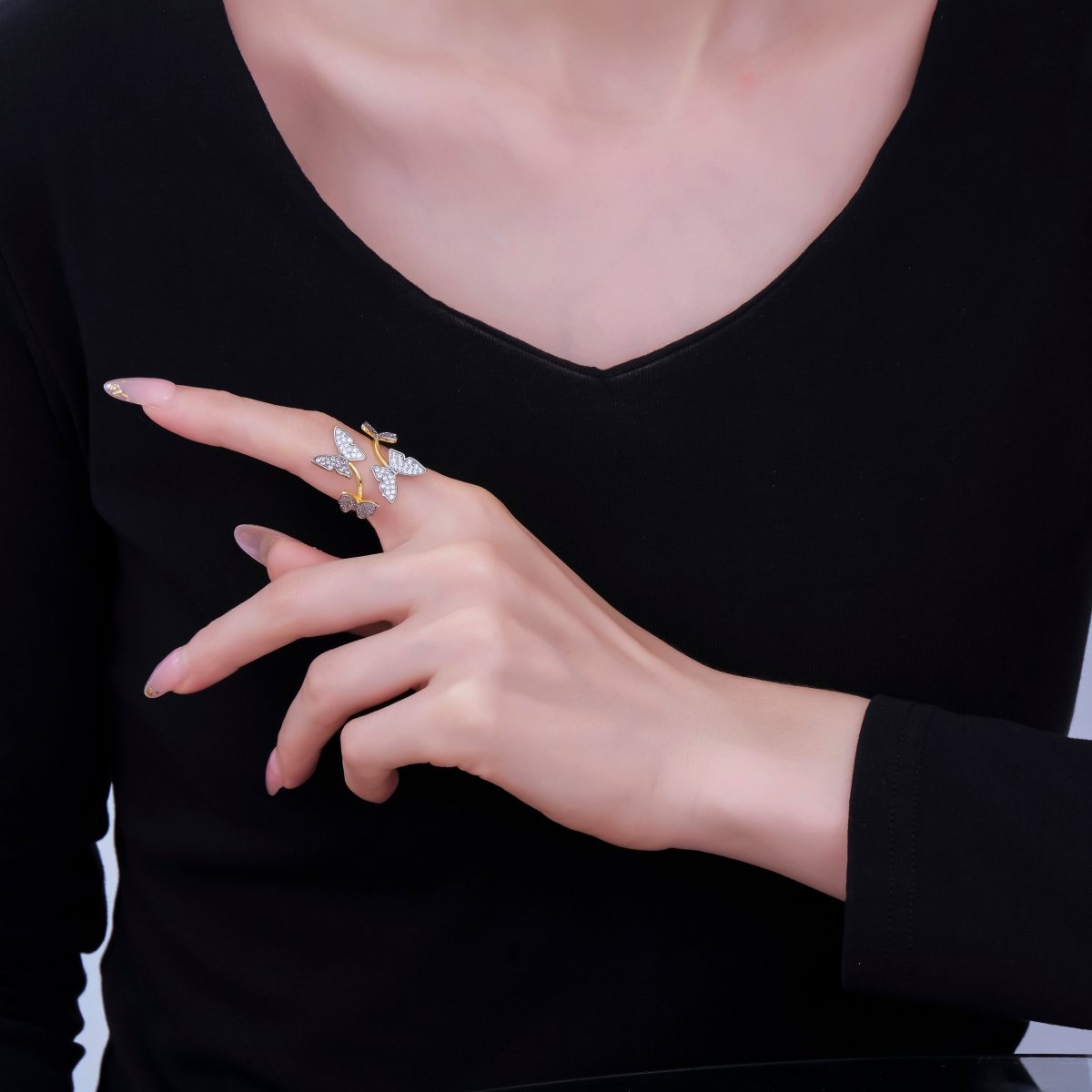 24K Gold Filled Micro Paved CZ Two - Tone Butterfly Garden Adjustable Ring | O - 1488 - DLUXCA