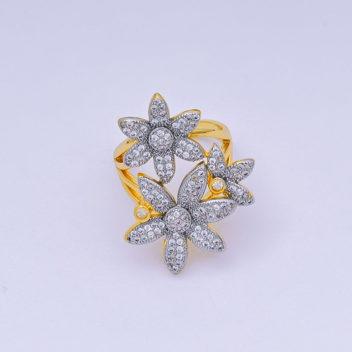 24K Gold Filled Micro Paved CZ Two - Tone Triple Blooming of Flower Adjustable Ring | O - 1487 - DLUXCA