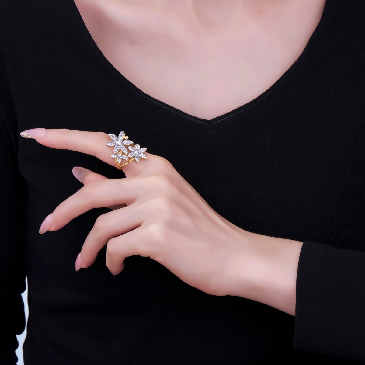 24K Gold Filled Micro Paved CZ Two - Tone Triple Blooming of Flower Adjustable Ring | O - 1487 - DLUXCA