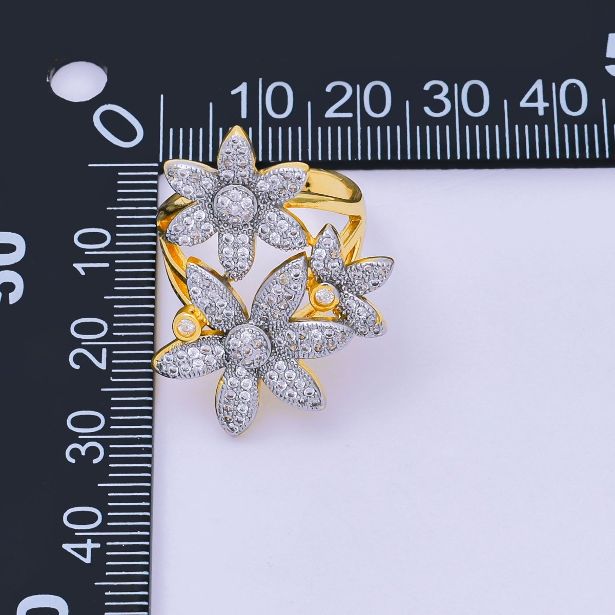 24K Gold Filled Micro Paved CZ Two - Tone Triple Blooming of Flower Adjustable Ring | O - 1487 - DLUXCA