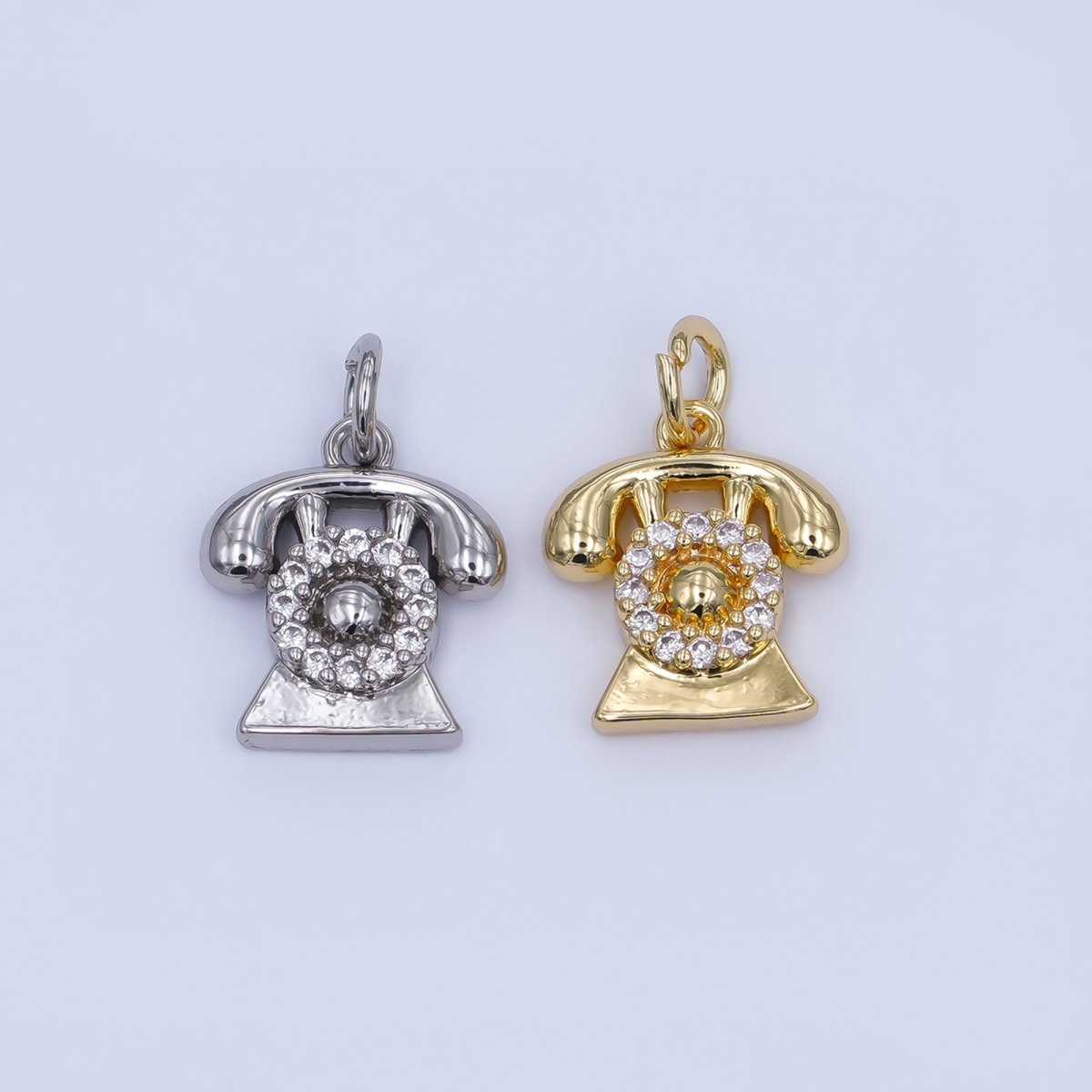 24K Gold Filled Micro Paved CZ Vintage Rotary Telephone Charm in Gold & Silver | W393 N971 - DLUXCA
