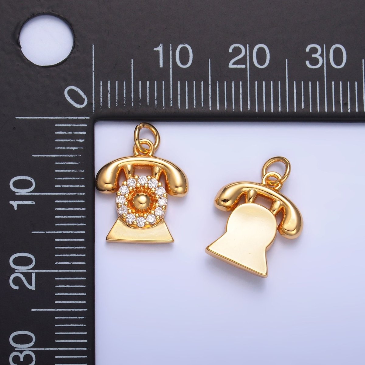 24K Gold Filled Micro Paved CZ Vintage Rotary Telephone Charm | W393 - DLUXCA