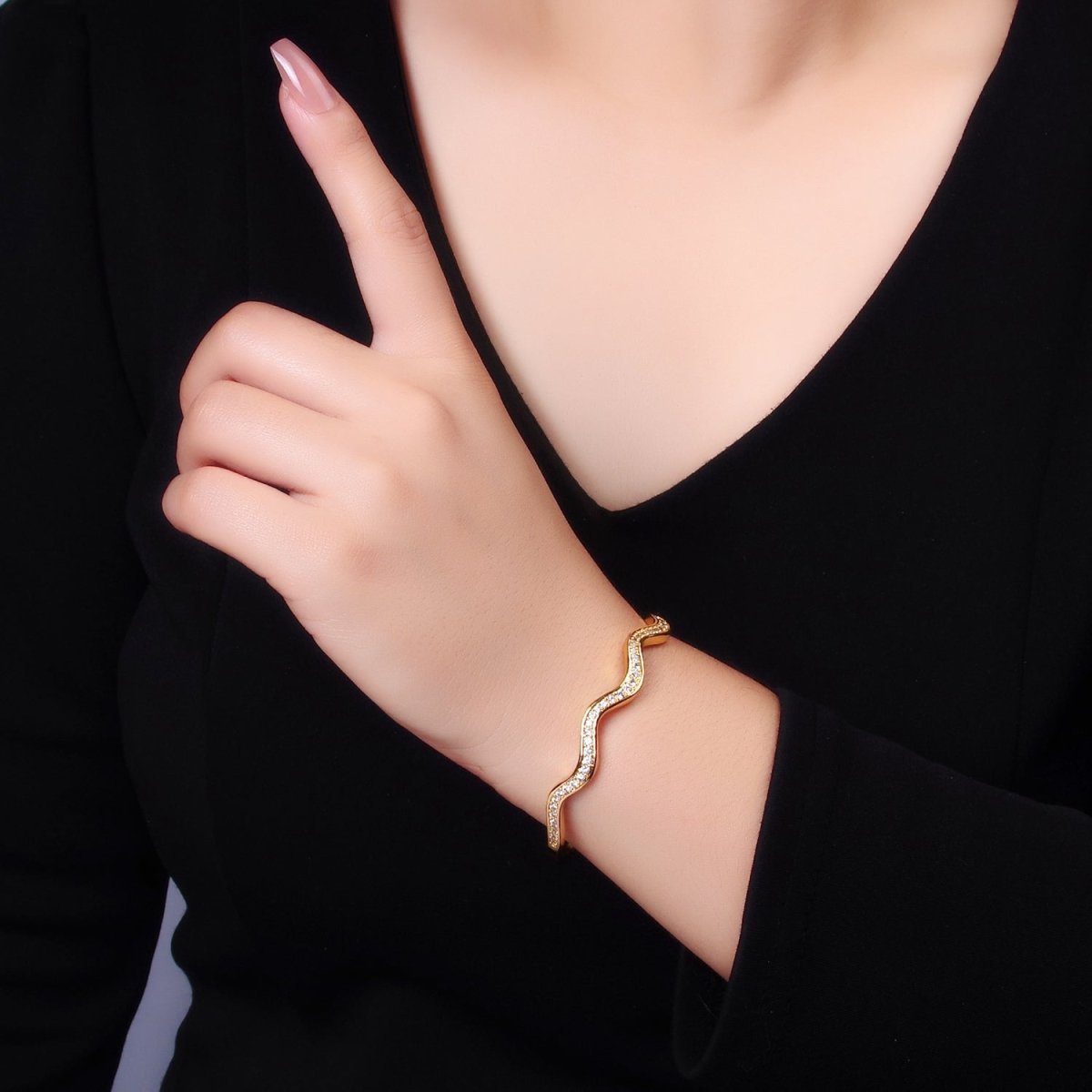 24K Gold Filled Micro Paved CZ Wavy Cuff Bracelet | WA - 2720 - DLUXCA