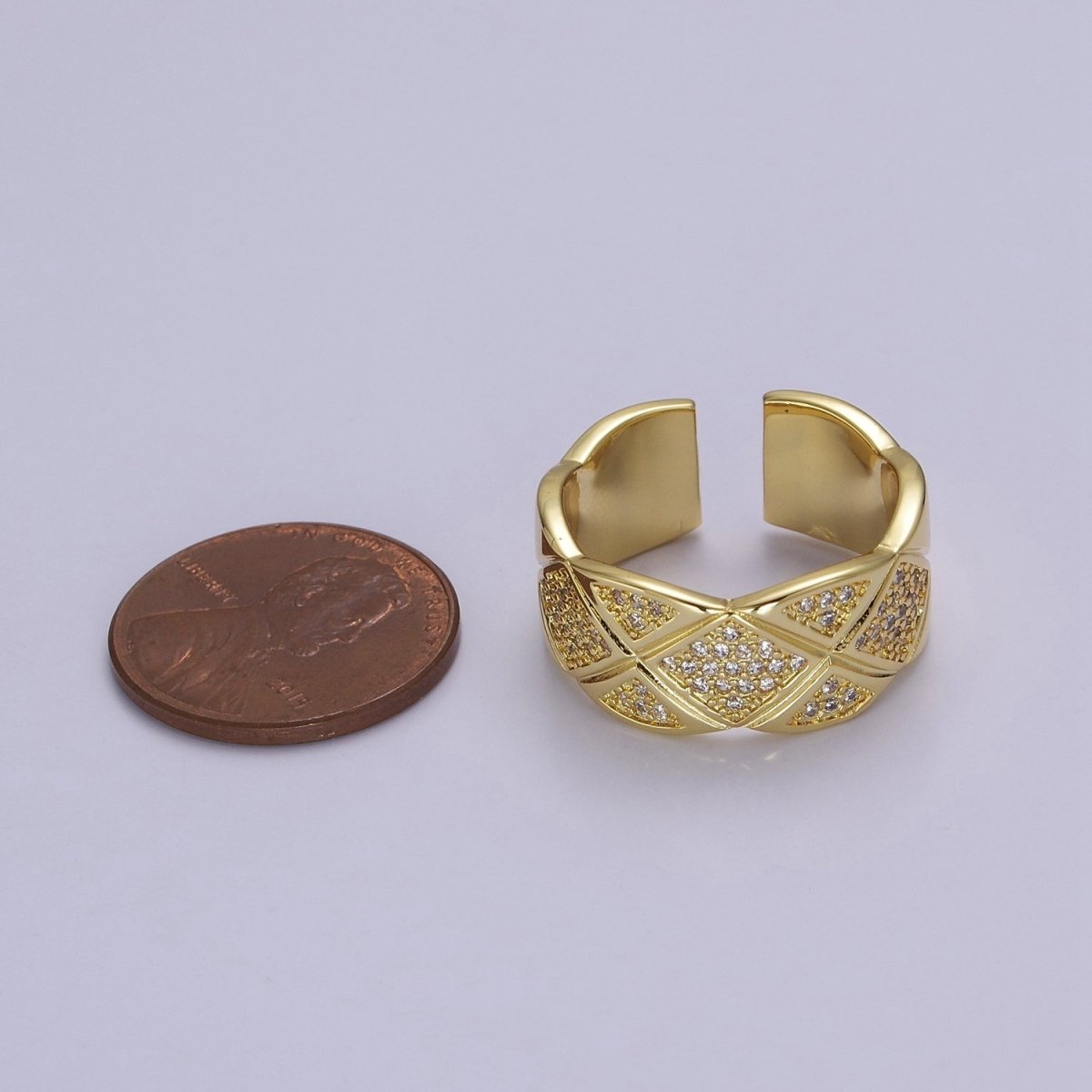 24K Gold Filled Micro Paved CZ X Lined Crossed Wide Band Ring | O2041 - DLUXCA