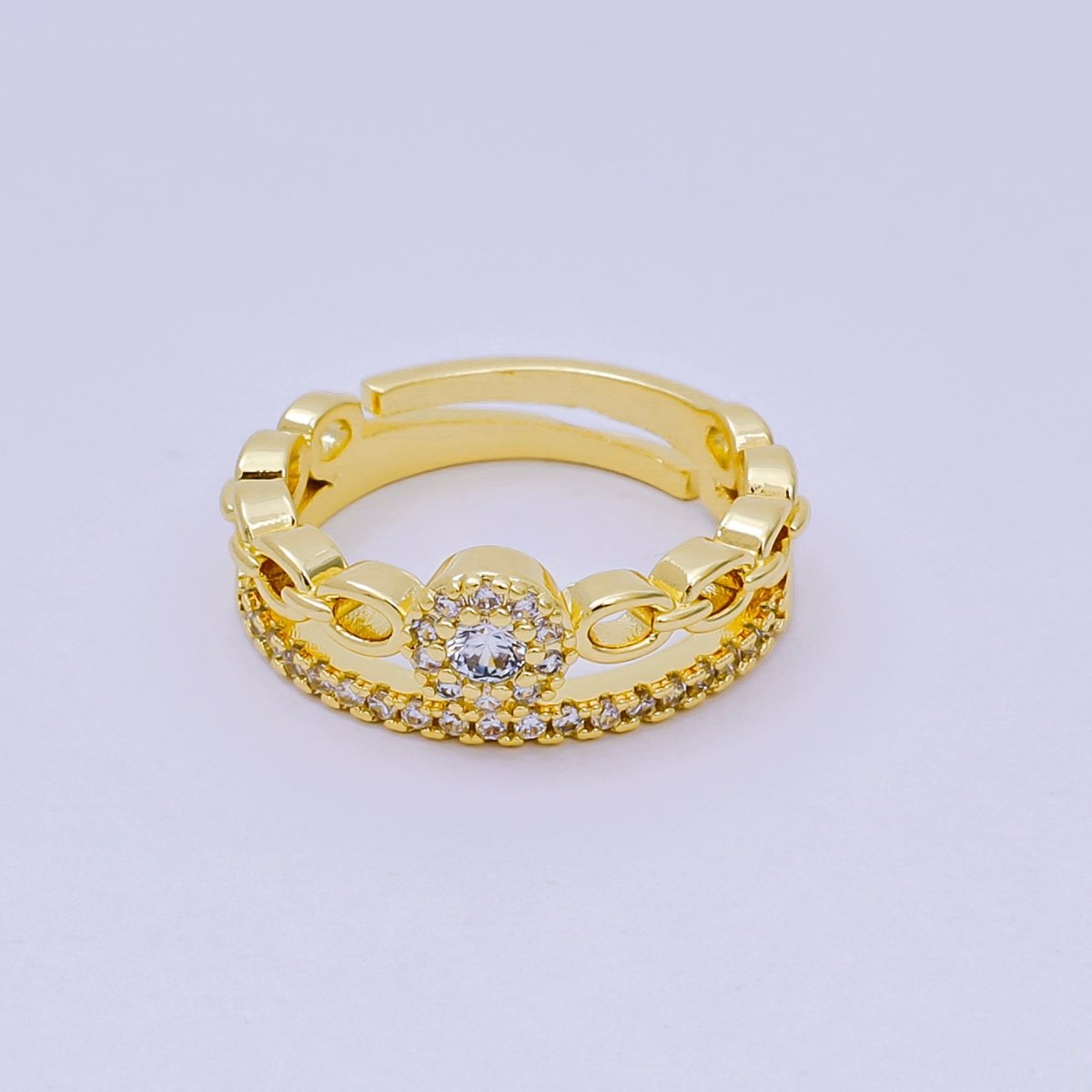 24K Gold Filled Micro Paved Double Sun Star Chain Simple Crown Ring | O - 1455 - DLUXCA