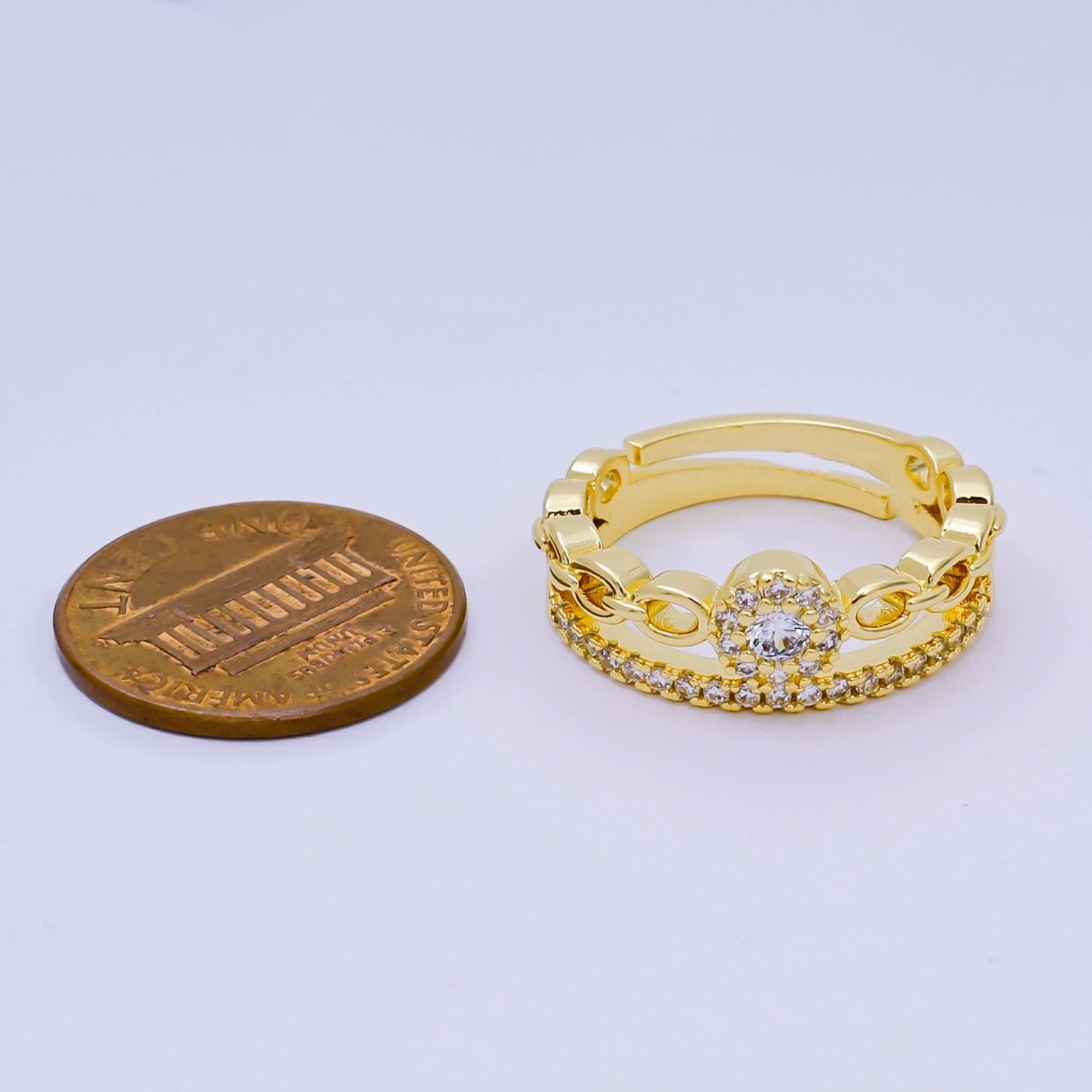 24K Gold Filled Micro Paved Double Sun Star Chain Simple Crown Ring | O - 1455 - DLUXCA