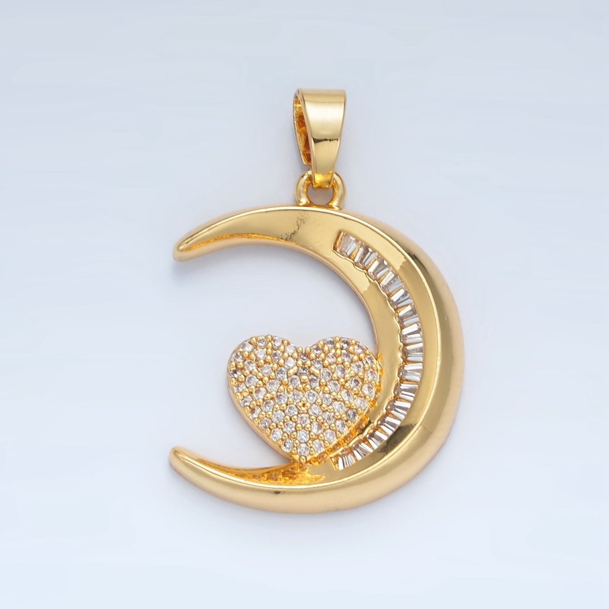 24K Gold Filled Micro Paved Heart Baguette CZ Crescent Moon Celestial Pendant | AA871 - DLUXCA