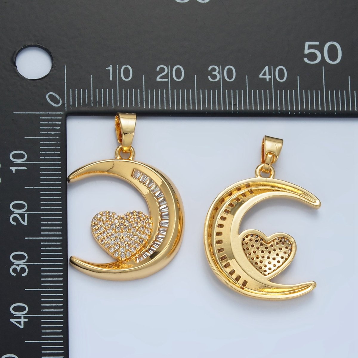 24K Gold Filled Micro Paved Heart Baguette CZ Crescent Moon Celestial Pendant | AA871 - DLUXCA