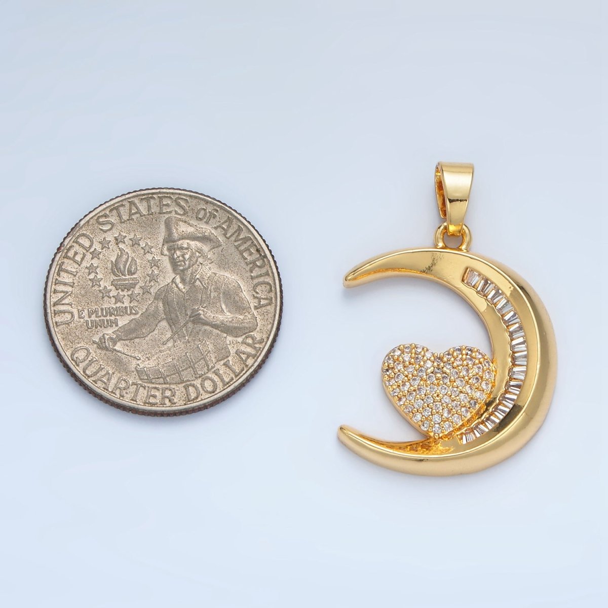 24K Gold Filled Micro Paved Heart Baguette CZ Crescent Moon Celestial Pendant | AA871 - DLUXCA