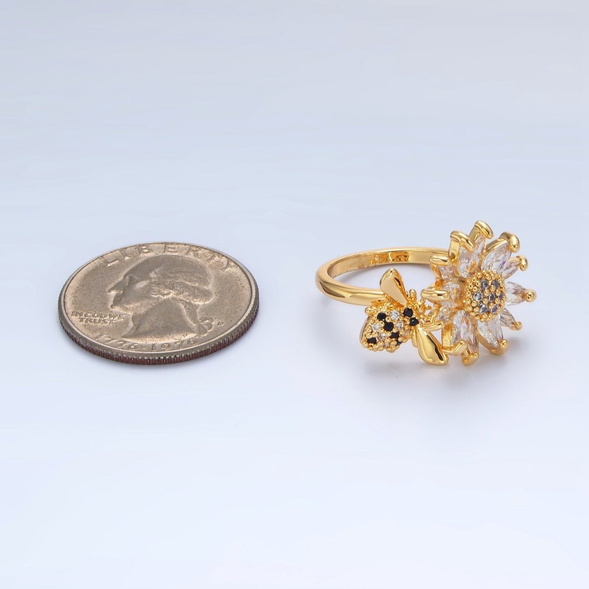 24K Gold Filled Micro Paved Marquise CZ Flower Bumble Bee Ring | U368 - DLUXCA