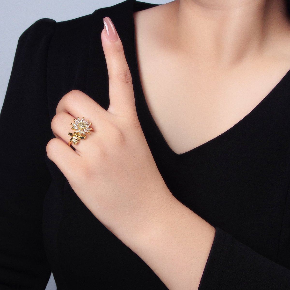 24K Gold Filled Micro Paved Marquise CZ Flower Bumble Bee Ring | U368 - DLUXCA