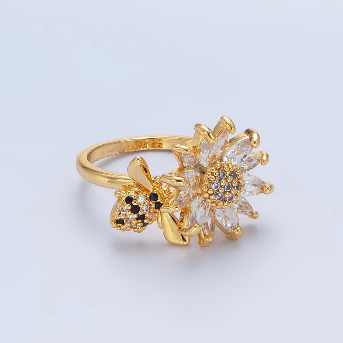 24K Gold Filled Micro Paved Marquise CZ Flower Bumble Bee Ring | U368 - DLUXCA