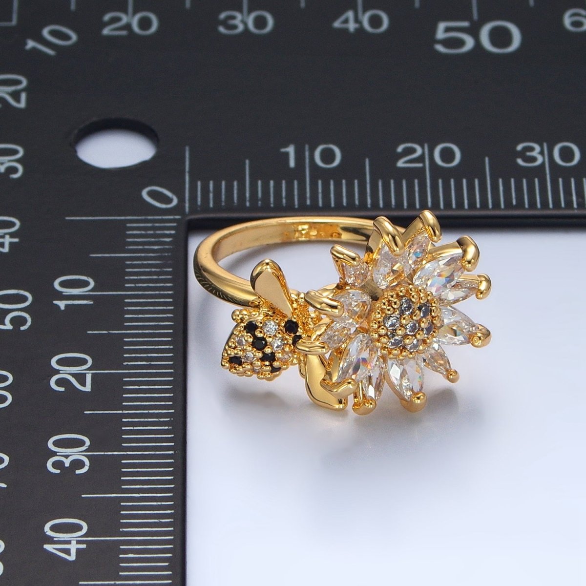 24K Gold Filled Micro Paved Marquise CZ Flower Bumble Bee Ring | U368 - DLUXCA