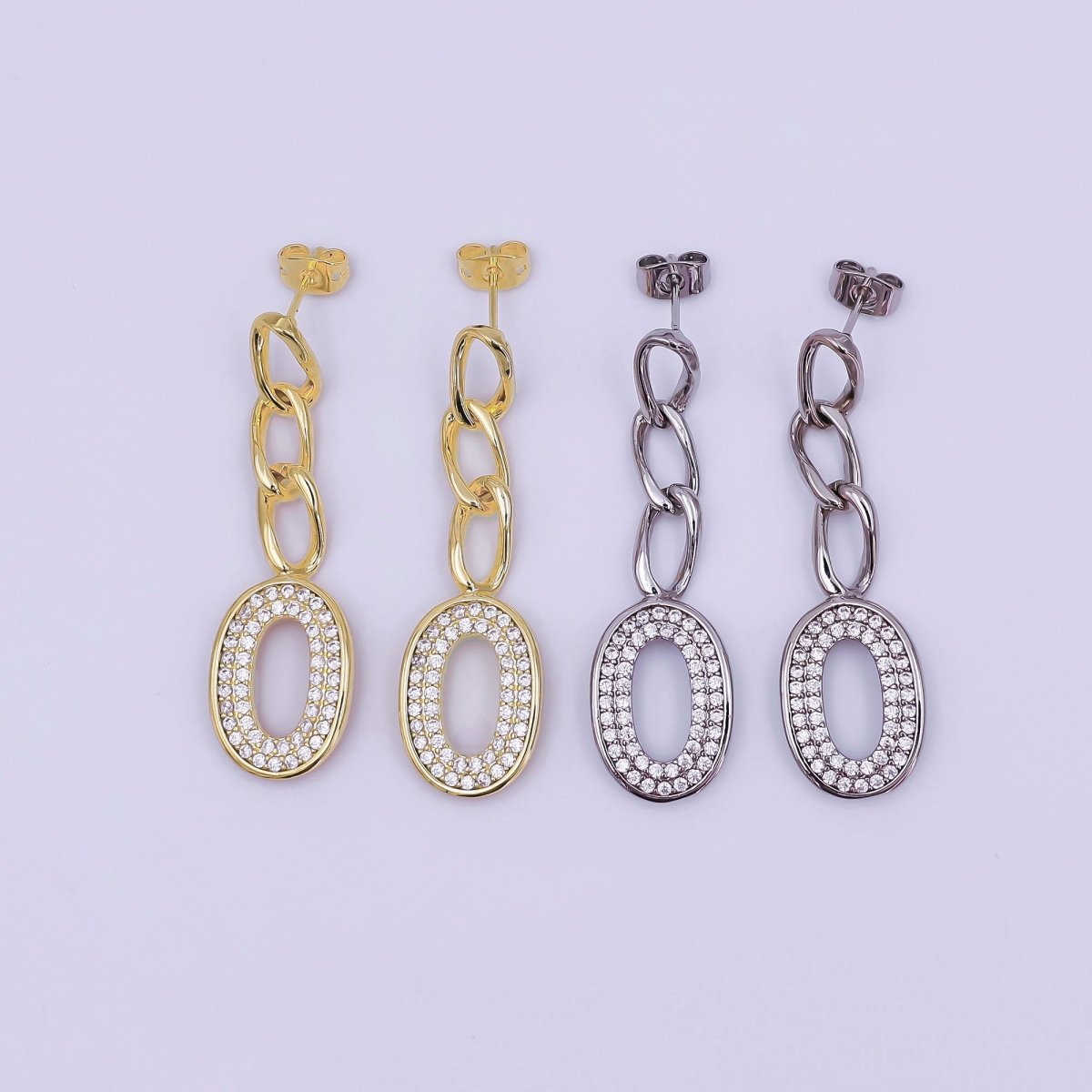 24K Gold Filled Micro Paved Oblong Chain Drop Stud Earrings in Gold & Silver | AI544 AI495 - DLUXCA